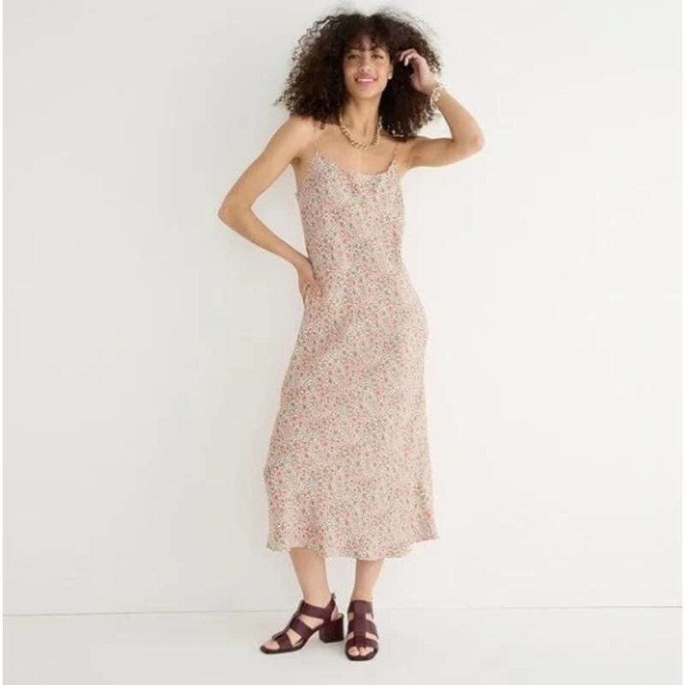 J. Crew White Pink Scattered Blooms Floral Gwyneth Cupro Midi Slip Dress 18 NWT